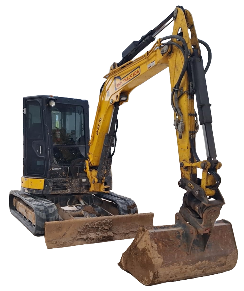 Yanmar mini excavator with tilt bucket attachment on a white background, Ace Plant Hire